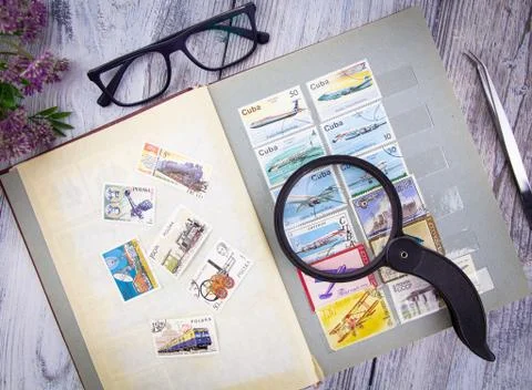 A collection of stamps from different countries. Stock Photos