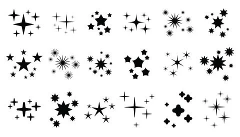 Collection of stars and patterns. Glowing celestial elements of design.  Se.. Illustrazione stock