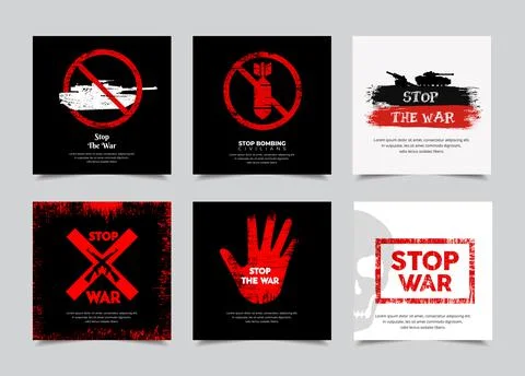 Collection of Stop the war design icon with silhouette of tank, bomb and guns Stock Illustration