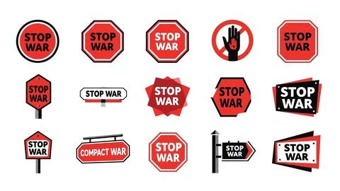 Collection of stop war protest signs with various frame styles. 스톡 일러스트