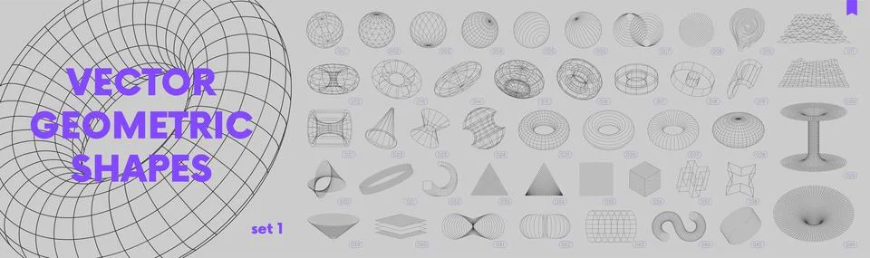 Collection of strange wireframes vector 3d geometric shapes, distortion and t Stock Illustration