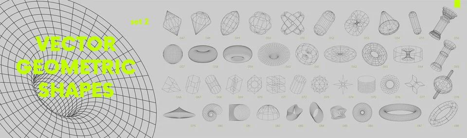 Collection of strange wireframes vector 3d geometric shapes, distortion and t Stock Illustration