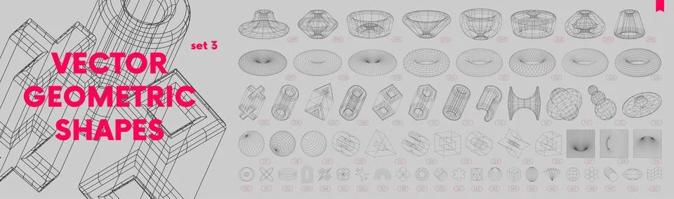 Collection of strange wireframes vector 3d geometric shapes, distortion and.. Stock Illustration