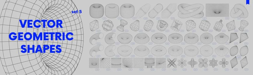 Collection of strange wireframes vector 3d geometric shapes, distortion and.. Stock Illustration