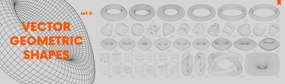 Collection of strange wireframes vector 3d geometric shapes, distortion and.. 스톡 일러스트