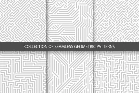 Collection of striped seamless geometric patterns. Gray and white texture. Illustrazione stock