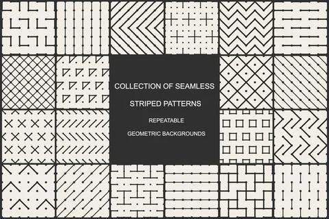 Collection of striped vector seamless geometric patterns - monochrome repeatable Stock Illustration