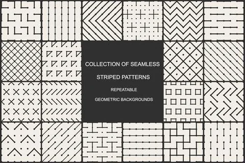 Collection of striped vector seamless geometric patterns - monochrome repeatable Stock Illustration