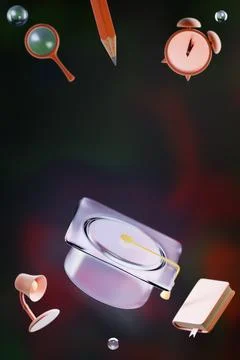 A collection of study tools including a magnifying glass, pencil, alarm clock Illustrazione stock