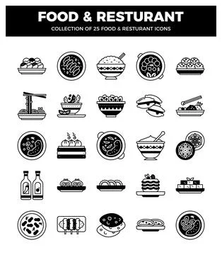 Collection of stylized black and white food icons for restaurant menus. 库存插图
