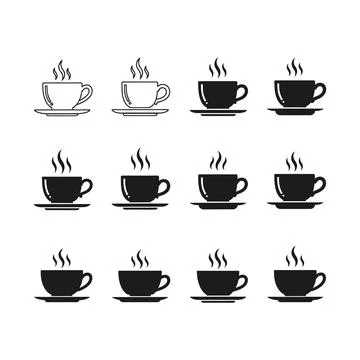 Collection of stylized coffee cups with steam isolated on transparent backg.. Stock Illustration