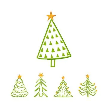 Collection of stylized evergreen pine trees decorated with stars Stock Illustration