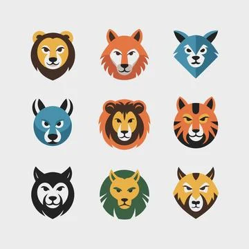 Collection Of Stylized Flat Design Wild Animal Faces Stock Illustration