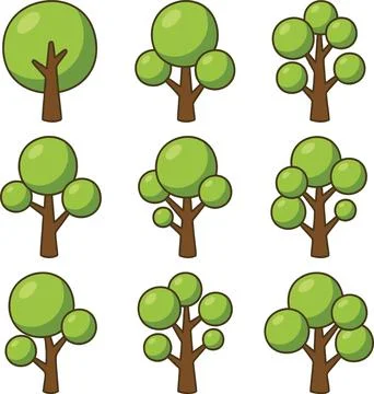Collection of Stylized Green Trees in Various Shapes and Sizes. Stock Illustration