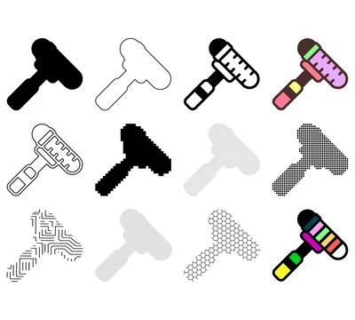 Collection of stylized hammers in various designs and patterns isolated on .. Stock Illustration