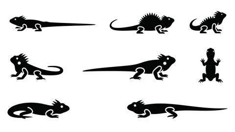 Collection of stylized lizard silhouettes in various poses and styles. Stock Illustration