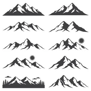 Collection of stylized mountain range silhouettes mountains Stock Illustration