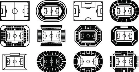 Collection of stylized soccer stadium illustrations from top down view. Stock Illustration