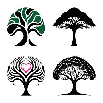Collection of stylized tree designs in various forms and silhouettes vector 스톡 일러스트