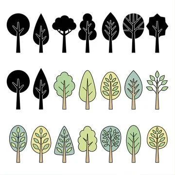 Collection of Stylized Tree Illustrations in Various Designs. Stock Illustration