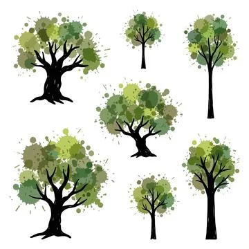 Collection of Stylized Trees with Splattered Green Foliage. Stock Illustration