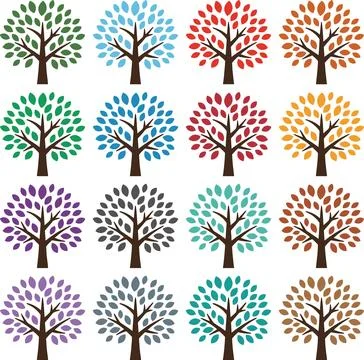 Collection of Stylized Trees in Various Colors and Seasons. Illustrazione stock