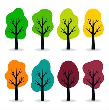 Collection of Stylized Trees in Various Colors and Seasons. Stock Illustration