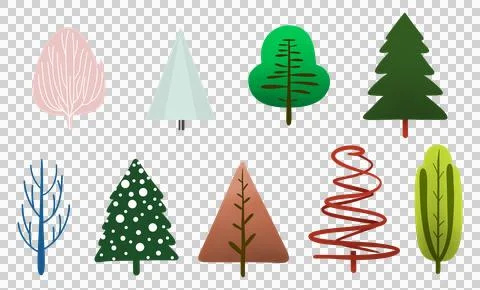 Collection of stylized trees in various shapes and colors, including green Stock Illustration