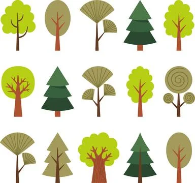 Collection of Stylized Trees in Various Shapes and Colors. Illustrazione stock