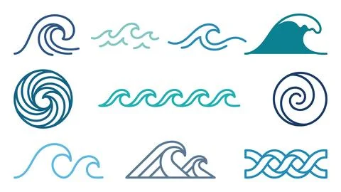 Collection of stylized wave icons in various styles and colors, perfect for.. Illustrazione stock