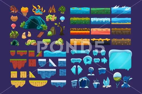 Collection of summer and winter fantasy landscape elements, user interface Stock Illustration