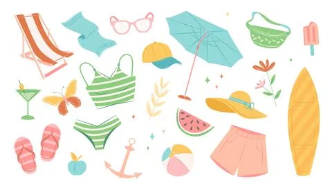 Collection of summer beach elements. Stock Illustration