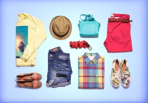 Collection summer clothes Stock Photos