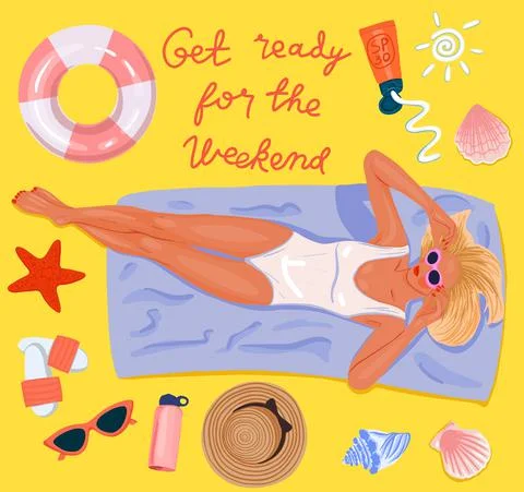 Collection of summer holiday elements on yellow background. Stock Illustration