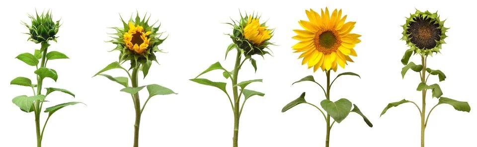 Collection sunflower flower evolution stages isolated on white background. .. Stock Photos