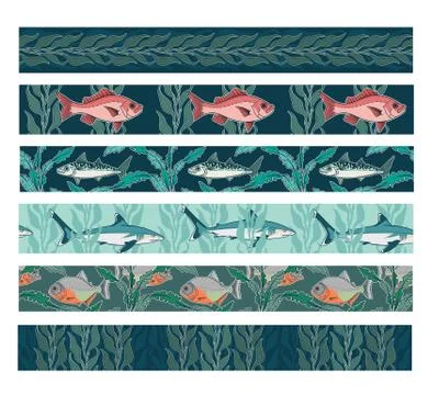 Collection of swimming fish seamless patterns Stock Illustration