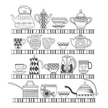 Collection with a tea pot, tea cup, jars, jugs on the shelves Stock Illustration