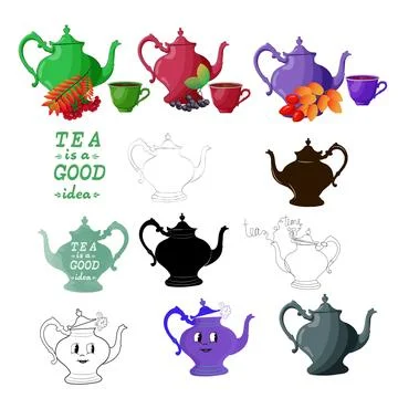 A collection of teapots and cups with the theme Tea is a good idea lettering. Stock Illustration