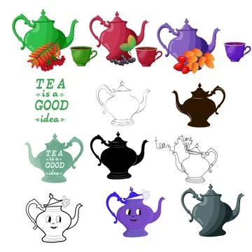 Collection of teapots in various design Stock Illustration
