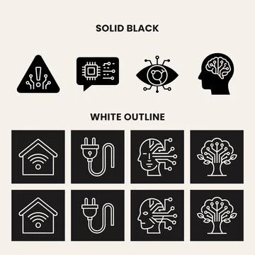 Collection of technology and artificial intelligence icons in solid black a.. Stockillustratie