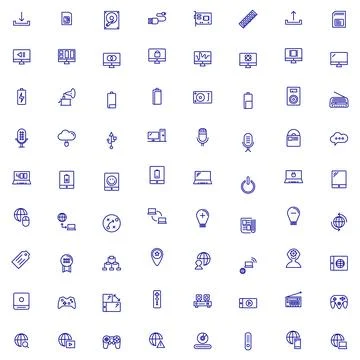 Collection of technology and communication vector line icons on white backg.. Stock Illustration