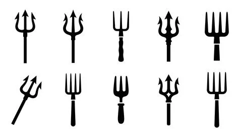 Collection of ten black trident forks for mythology themes and sea god imager Stock Illustration