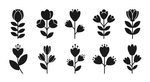 A collection of ten different flower silhouettes Stock Illustration