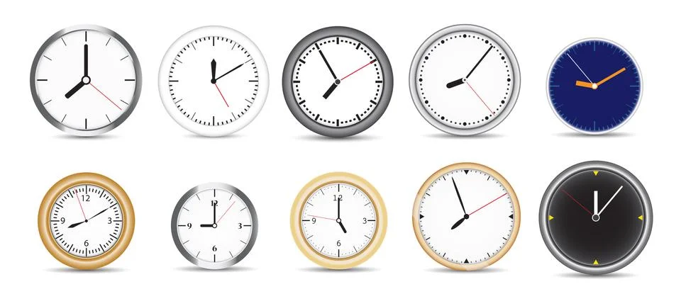 A collection of ten different vector clocks Stock Illustration