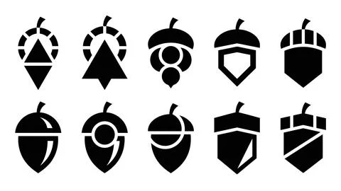 Collection of ten distinct black acorn icons on white background. Stock Illustration