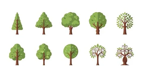 Collection of ten diverse flat design tree icons representing different bot.. Illustrazione stock