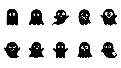 Collection of ten funny black ghost icons with different facial expressions.. Stock Illustration