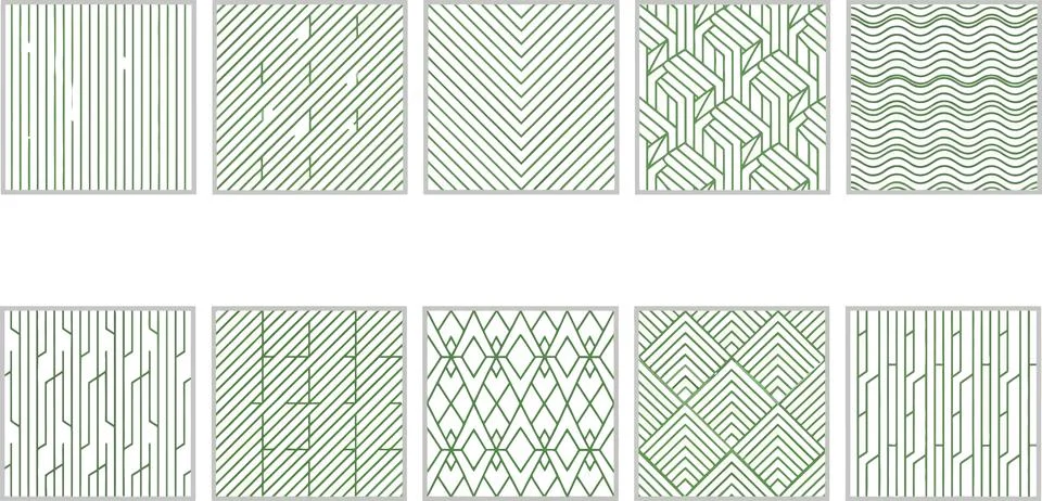 Collection of ten seamless patterns featuring green and white geometric des.. Stock Illustration