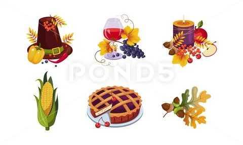 Collection of Thanksgiving day holiday traditional elements, autumn symbols Stock Illustration