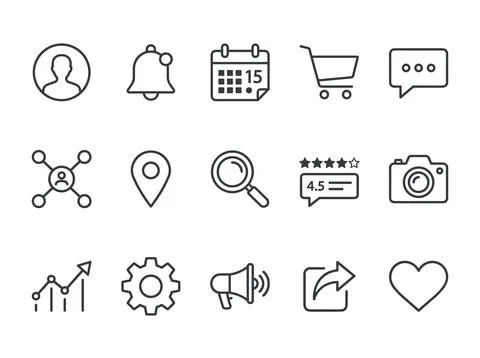 Collection of thin line icons representing user profile, notification bell,.. Stock Illustration